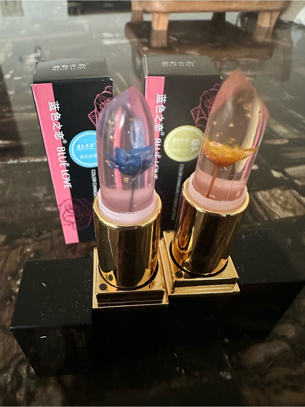 Floral Jelly Lipstick — Pink Tint with Blue & Gold Flower Accents
